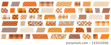 Orange and brown autumn paper washi tape vector set, cute torn masking tape pieces graphic design elements for fall journaling, scrapbooking and collage Orange and brown autumn paper washi tape vector set, cute torn masking tape pieces graphic design elements for fall journaling, scrapbooking and collage 143020898