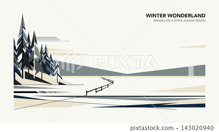 Minimalist geometric winter wonderland with pines forest modern retro style horizontal template have blank space. Minimalist geometric winter wonderland with pines forest modern retro style horizontal template have blank space. 143020940
