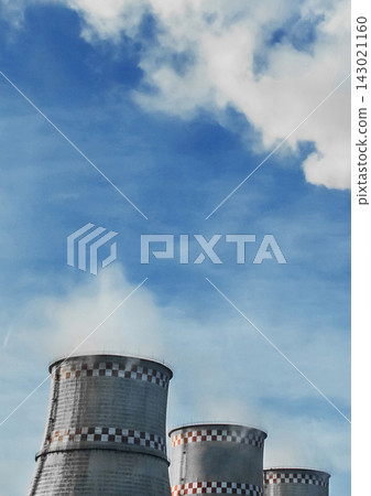Cooling tower and smoke of an industrial plant or thermal power plant against a blue sky 143021160