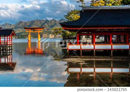 嚴島神社的清晨景色，這裡是國寶和世界遺產[廣島縣初日市市] 143021795