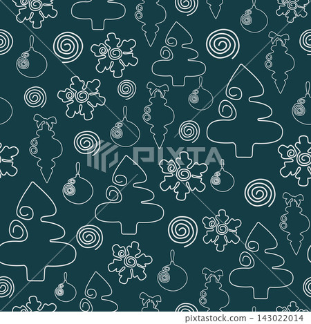 Seamless pattern with White outlines of fir, baubles, snowflakes repeat across a dark teal backdrop. This vector illustration gives a seasonal design for gift wrapping, textiles and holiday stationery 143022014