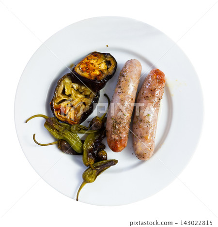 Fried sausages with grilled bell peppers and eggplant Fried sausages with grilled bell peppers and eggplant 143022815