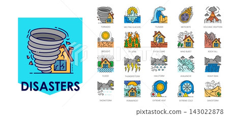 Color natural disasters and cataclysm line icons Color natural disasters and cataclysm line icons 143022878