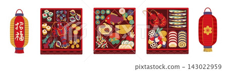 Cartoon Japanese New Year icons, osechi food boxes 143022959