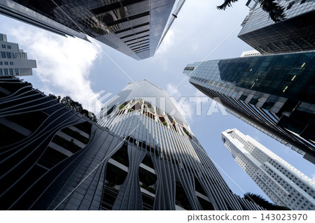 Futuristic Wavy Skyscraper Green Terrace Singapore Skyline Futuristic Wavy Skyscraper Green Terrace Singapore Skyline 143023970