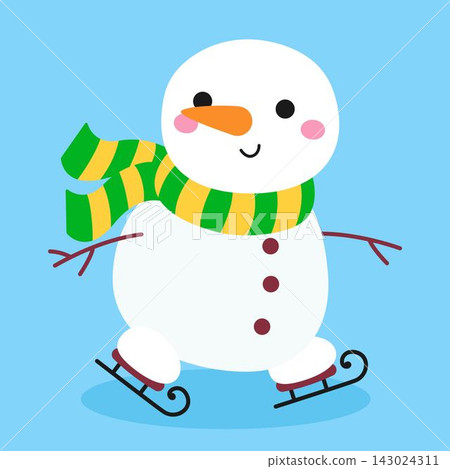 Cute Christmas snowman ice skating with striped scarf vector illustration hand drawn winter element isolated on blue background. Cute Christmas snowman ice skating with striped scarf vector illustration hand drawn winter element isolated on blue background. 143024311