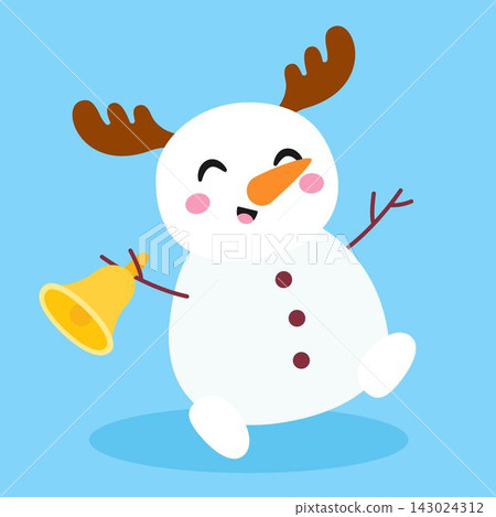 Cute Christmas snowman with reindeer antlers ringing bell vector illustration hand drawn winter element isolated on blue background. Cute Christmas snowman with reindeer antlers ringing bell vector illustration hand drawn winter element isolated on blue background. 143024312