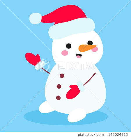 Cute Christmas snowman wearing Santa hat and mittens vector illustration hand drawn winter element isolated on blue background. Cute Christmas snowman wearing Santa hat and mittens vector illustration hand drawn winter element isolated on blue background. 143024313
