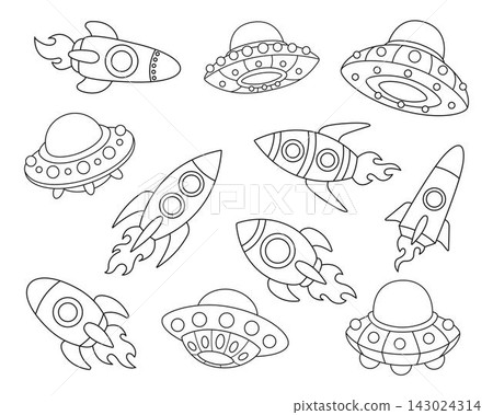 Set of cartoon space rockets and UFO flying saucers coloring page for kids isolated on white background. Set of cartoon space rockets and UFO flying saucers coloring page for kids isolated on white background. 143024314