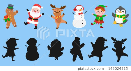 Match the character shadow educational game for kids with cute Christmas holiday characters isolated on blue background. Match the character shadow educational game for kids with cute Christmas holiday characters isolated on blue background. 143024315