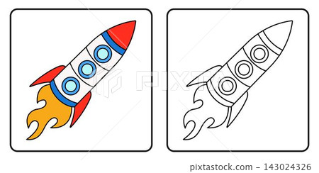 Cartoon space rocket with three portholes coloring page with sample isolated on white background Cartoon space rocket with three portholes coloring page with sample isolated on white background 143024326