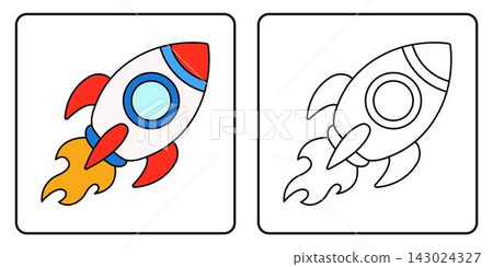 Cute cartoon space rocket coloring book page with sample isolated on white background Cute cartoon space rocket coloring book page with sample isolated on white background 143024327