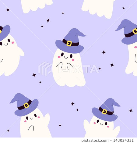 Cute ghost in witch hat seamless pattern Halloween vector background for fabric and wrapping paper Cute ghost in witch hat seamless pattern Halloween vector background for fabric and wrapping paper 143024331