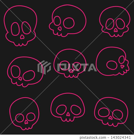 Neon pink outline skulls set Halloween vector illustration isolated on dark grey background Neon pink outline skulls set Halloween vector illustration isolated on dark grey background 143024341