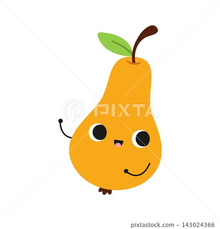 Cute yellow pear cartoon character waving hand isolated on white background. Kawaii sweet fruit mascot vector illustration for healthy food, autumn harvest, and juice design 143024366