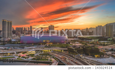 Hong Kong, July 10 2026 Kai Tak Sports Park Against Spectacular Sunset Skyline Hong Kong, July 10 2026 Kai Tak Sports Park Against Spectacular Sunset Skyline 143024514