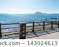 陽光明媚的夏日，支笏湖岸邊豎立著一塊木製路標，湖對岸可以看到惠庭山。 143024613