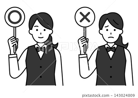 A female restaurant employee holding up a sign with a circle and an X mark. A female restaurant employee holding up a sign with a circle and an X mark. 143024809
