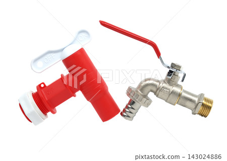 Two Red Plastic And Brass Water Faucets And Valves Isolated On White Background Two Red Plastic And Brass Water Faucets And Valves Isolated On White Background 143024886