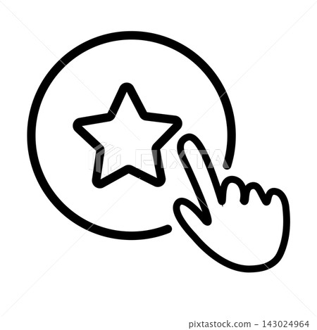 Premium line icon featuring a hand cursor clicking or pointing at a star symbol inside a circle, perfectly illustrating actions like adding to favorites, rating a service, giving feedback, bookmarking Premium line icon featuring a hand cursor clicking or pointing at a star symbol inside a circle, perfectly illustrating actions like adding to favorites, rating a service, giving feedback, bookmarking 143024964