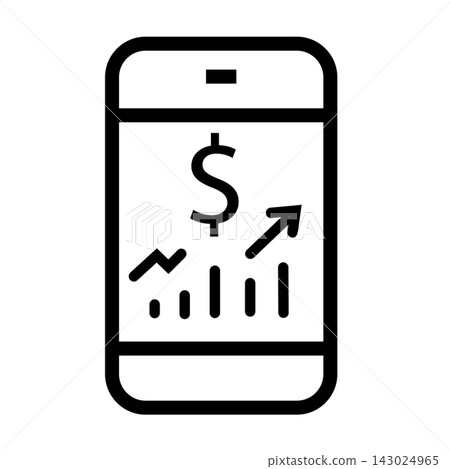 High-quality line icon of a smartphone displaying a dollar sign, growing charts, and an upward arrow, perfectly capturing mobile banking, stock market trading apps, financial growth tracker, online in High-quality line icon of a smartphone displaying a dollar sign, growing charts, and an upward arrow, perfectly capturing mobile banking, stock market trading apps, financial growth tracker, online in 143024965