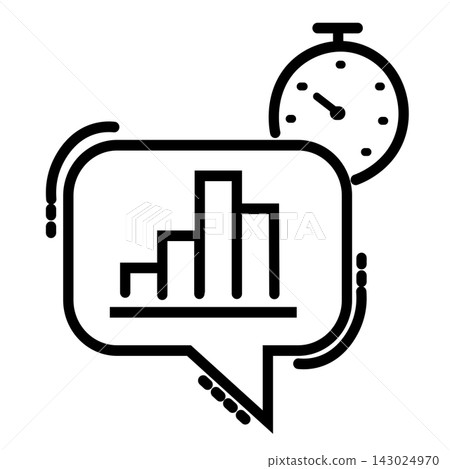 Data analysis and time management concept vector illustration featuring a bar chart graphic inside a speech bubble and a stopwatch icon in minimalist black line art style, perfect for business perform Data analysis and time management concept vector illustration featuring a bar chart graphic inside a speech bubble and a stopwatch icon in minimalist black line art style, perfect for business perform 143024970