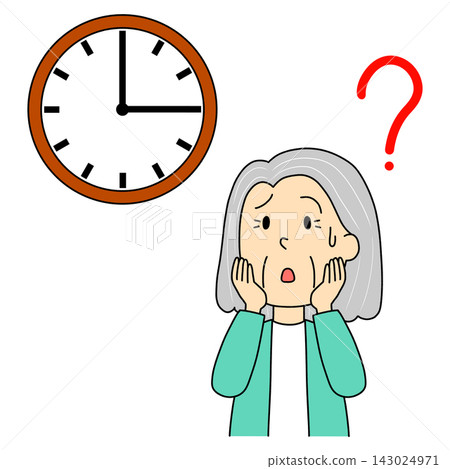 An illustration of an elderly woman who doesn't know the time. An illustration of an elderly woman who doesn't know the time. 143024971