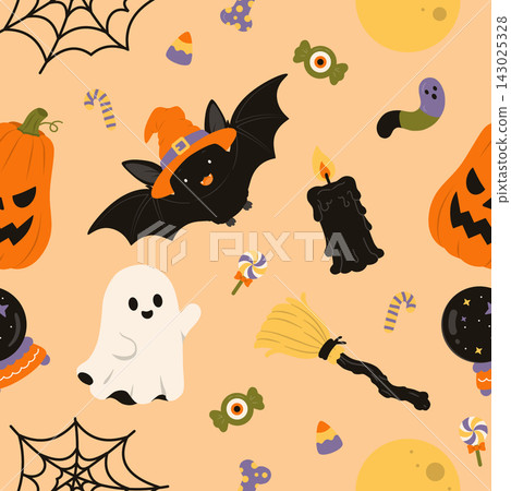 Halloween seamless pattern with witch bat, pumpkins, ghost, candy and spooky decorations Halloween seamless pattern with witch bat, pumpkins, ghost, candy and spooky decorations 143025328