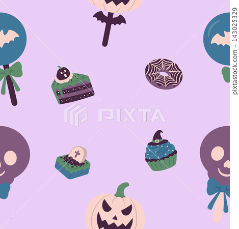 Halloween seamless pattern with cute skulls, pumpkins, bats, cupcakes and spooky sweets Halloween seamless pattern with cute skulls, pumpkins, bats, cupcakes and spooky sweets 143025329