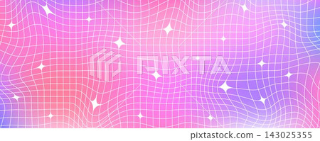 Pink purple Y2k trippy sparkle grid mesh background. Distorted wireframe pattern with stars. Groovy gradient twinkle and checkered wallpaper. Vector colorful gradation nostalgic aesthetic tile texture 143025355
