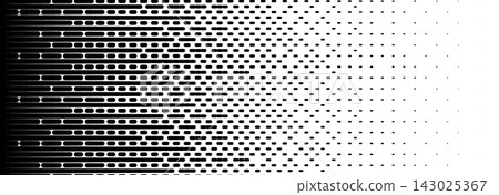 Geometric linear halftone pattern. Faded horizontal line pixel background. Abstract dashed screentone gradation bg. Rasterized dither transition texture. Comic hatch diffuse overlay. Vector  143025367