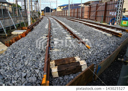 Construction is underway to lay temporary tracks on the Urban Park Line between Kasukabe and Yagisaki stations in preparation for the elevated railway project at Kasukabe Station. Construction is underway to lay temporary tracks on the Urban Park Line between Kasukabe and Yagisaki stations in preparation for the elevated railway project at Kasukabe Station. 143025527