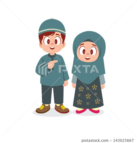a young boy and girl dressed in traditional Islamic clothing a young boy and girl dressed in traditional Islamic clothing 143025667