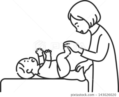 An illustration of a mother changing her baby's diaper (line drawing only). An illustration of a mother changing her baby's diaper (line drawing only). 143026020