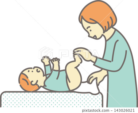 An illustration of a mother changing her baby's diaper. An illustration of a mother changing her baby's diaper. 143026021