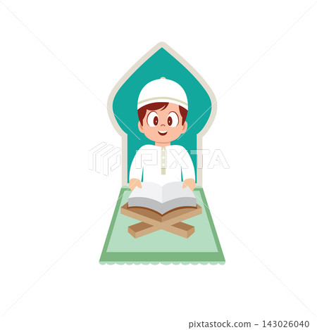 He is sitting on a prayer mat with a cheerful expression while reading 143026040