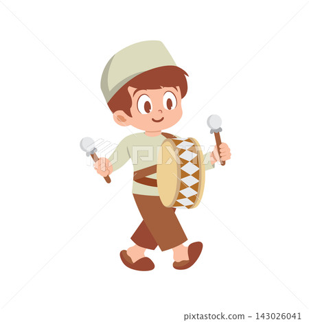 a cheerful young boy wearing traditional Islamic attire while playing a drum 143026041