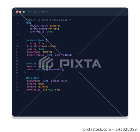 CSS stylesheet code editor interface showing UI theme variables and card layout styling CSS stylesheet code editor interface showing UI theme variables and card layout styling 143026059