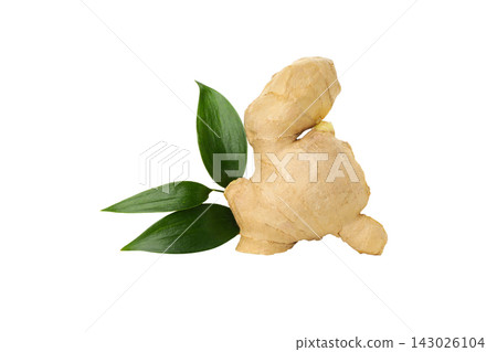 Ginger root with green leaves on a surface, isolated, PNG Ginger root with green leaves on a surface, isolated, PNG 143026104