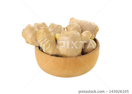 Ginger root in a wooden bowl for cooking, isolated, PNG Ginger root in a wooden bowl for cooking, isolated, PNG 143026105