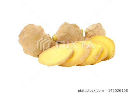 Ginger roots and slices placed together on a surface, isolated, PNG Ginger roots and slices placed together on a surface, isolated, PNG 143026108
