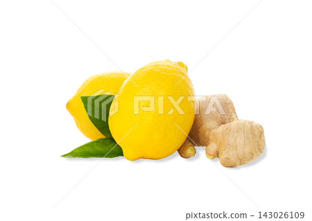 Two lemons next to ginger and green leaves, isolated, PNG Two lemons next to ginger and green leaves, isolated, PNG 143026109
