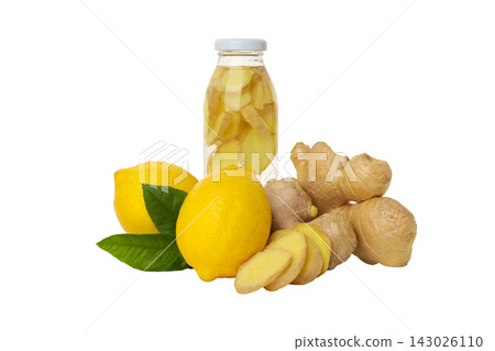 Lemon and ginger by a ginger drink bottle, isolated, PNG Lemon and ginger by a ginger drink bottle, isolated, PNG 143026110