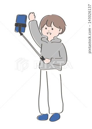 一幅男性視訊主播使用自拍棒拍攝的插圖。 143026137