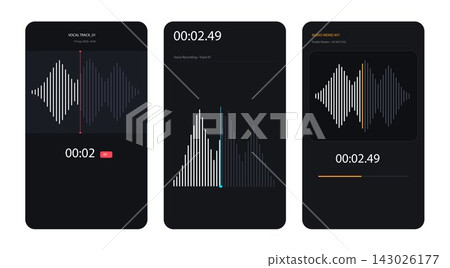 Audio player and voice recorder waveforms with sleek sound visualization interface Audio player and voice recorder waveforms with sleek sound visualization interface 143026177