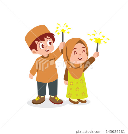 Happy Muslim Kids Playing with Sparklers Happy Muslim Kids Playing with Sparklers 143026281