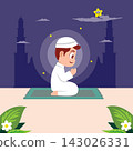 Muslim Boy Praying at Night Illustration 143026331