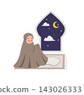 Muslim Woman Praying at Night Illustration 143026333