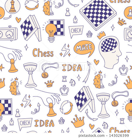 Chess Business Strategy Seamless Pattern Doodle. Smart Idea Mind Brain Pawn Light Bulb Trophy Clock Board on White Background. Vector Illustration. Line Art Texture for Fabric Packaging Merch Design Chess Business Strategy Seamless Pattern Doodle. Smart Idea Mind Brain Pawn Light Bulb Trophy Clock Board on White Background. Vector Illustration. Line Art Texture for Fabric Packaging Merch Design 143026399