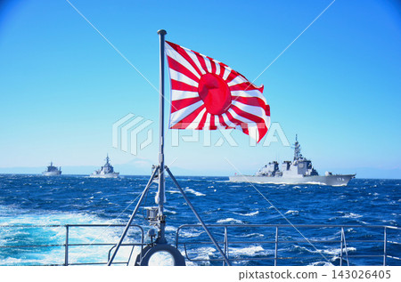 Japan Maritime Self-Defense Force vessels sailing with their flag Japan Maritime Self-Defense Force vessels sailing with their flag 143026405